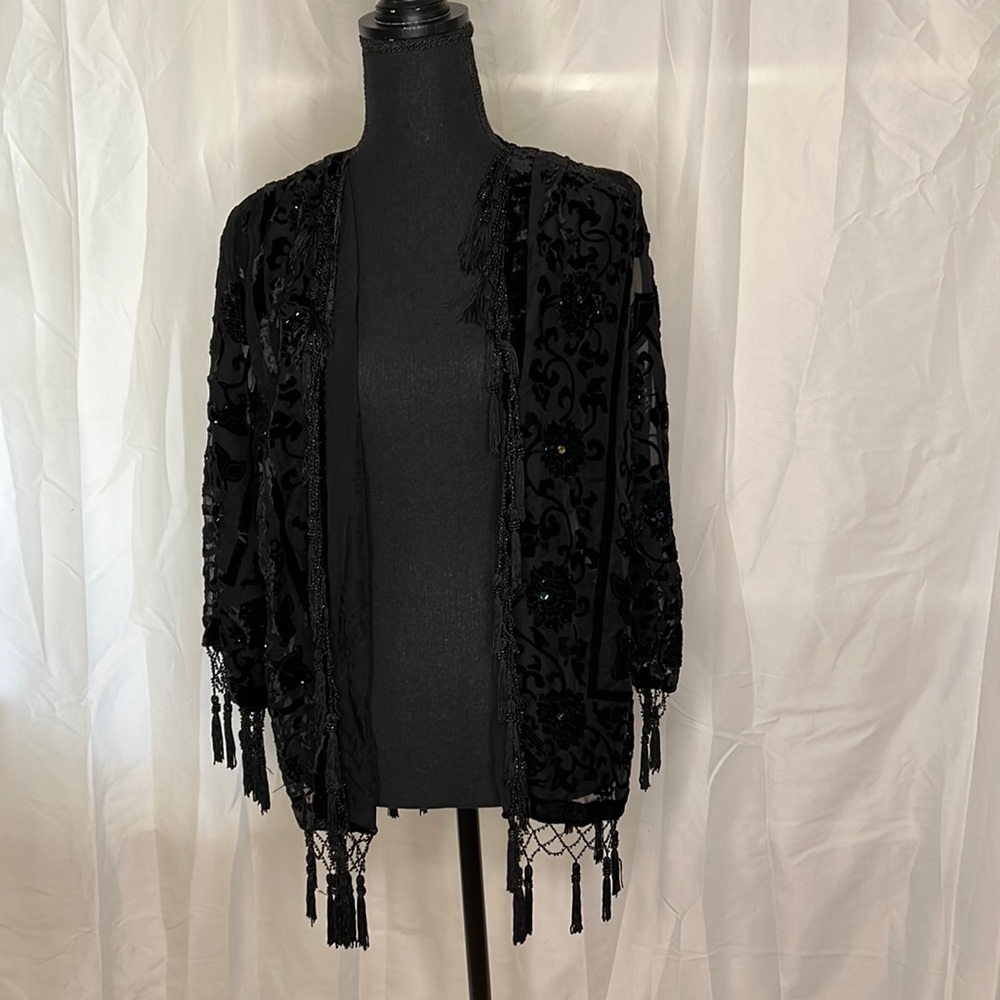 JayLey 100% Silk Black Dressy Jacket with Tassels And Beadwork size Large